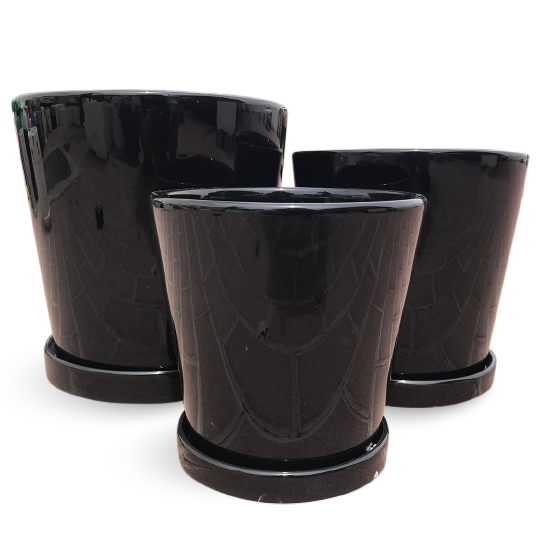 Black Ceramic Plant Pots Garden Planters - Round Black Pot